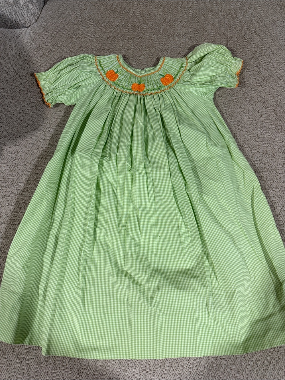 Light Green Gingham Kids Dress with Orange Pumpkin Smocking